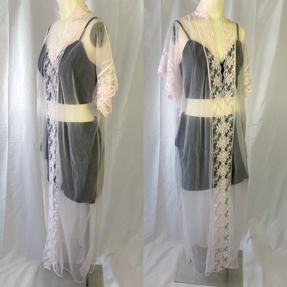 LADY CAMEO PINK LACE NIGHTWEAR LONG SHEER ROMANTIC ROBE VINTAGE  WOMEN LARGE - Picture 4 of 16